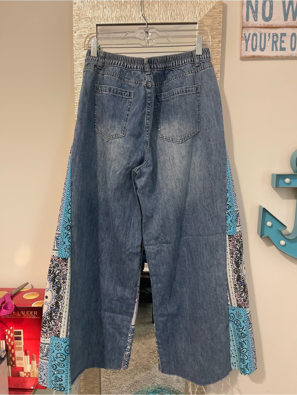 Wide-Leg Blue Denim Jeans with Bandana Inset Panels - Picture 5 of 5